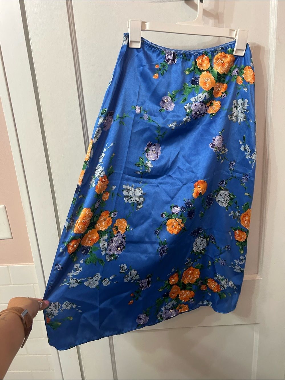 Vintage Blue Floral Satin Midi Skirt